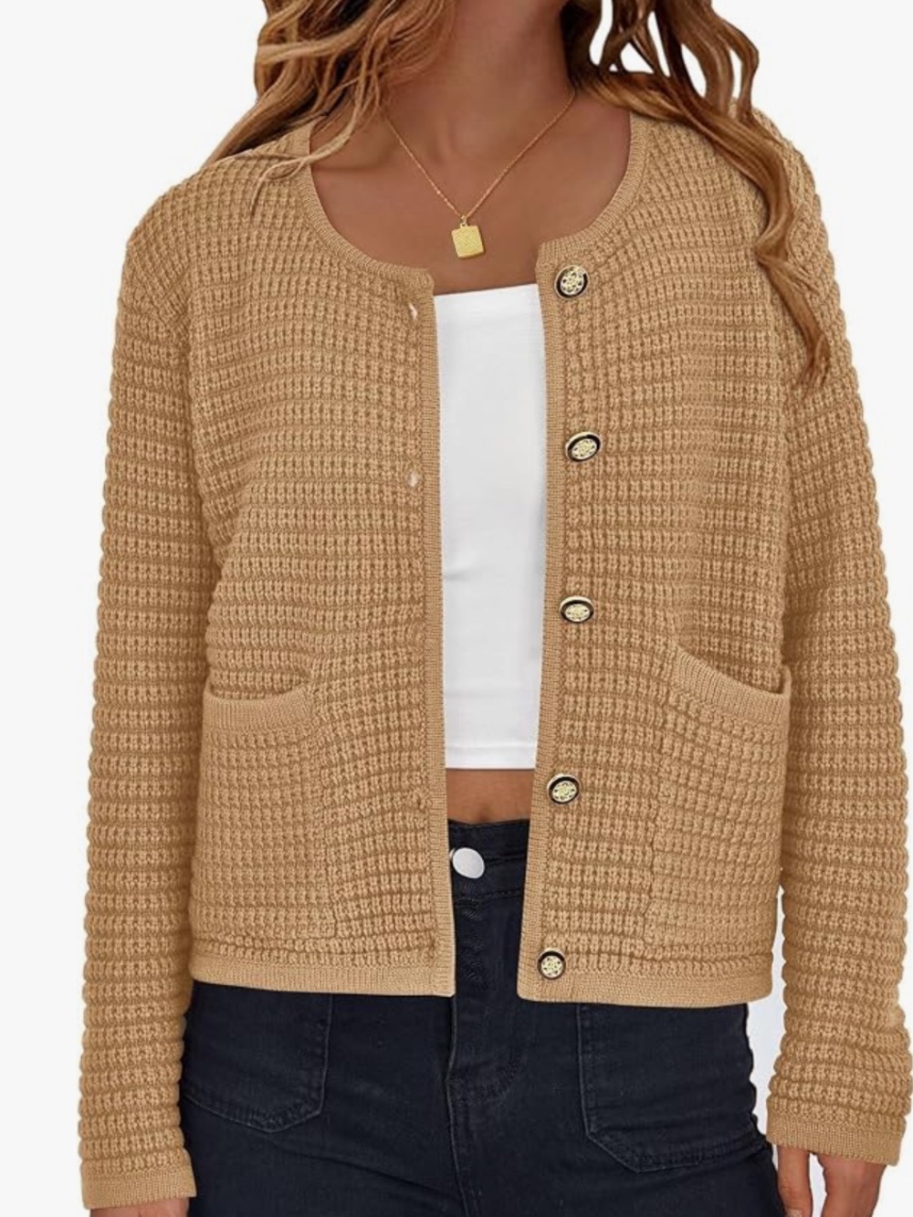 Camel Button-Front Knit Cardigan Sweater